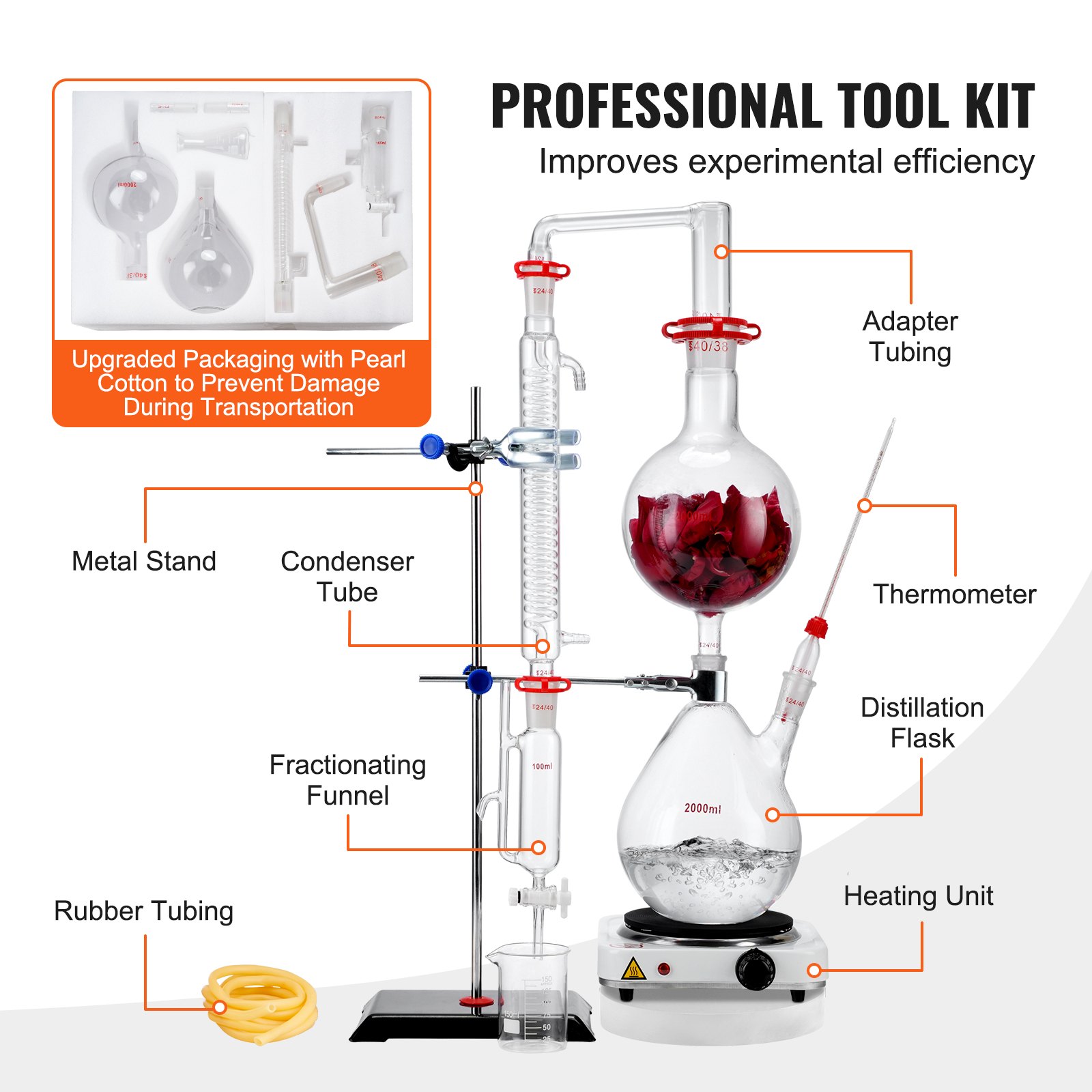VEVOR Essential Oil Distillation Kit, 2000ml Distillation Apparatus, 3.3 Boro Lab Glassware Distillation Kit with 1500W Heating Plate and 24, 40 Joint, 28 pcs Set