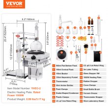 Κιτ απόσταξης αιθέριων ελαίων VEVOR, Συσκευή απόσταξης 500 ml, Κιτ απόσταξης γυαλικών Boro Lab με θερμαντική πλάκα 1000 W και σετ 24, 40 αρμών, 33 τεμ.