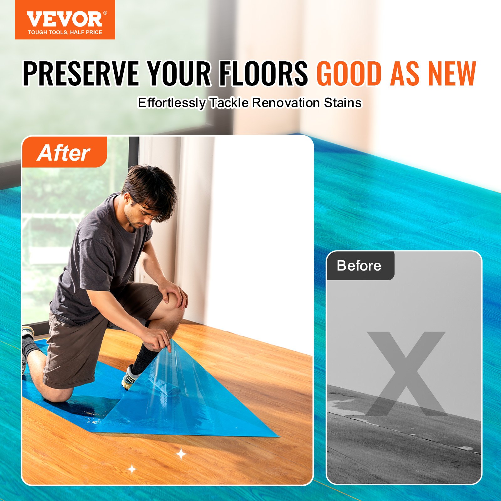 VEVOR carpet protection film preserving wood floor during renovation with before and after comparison.