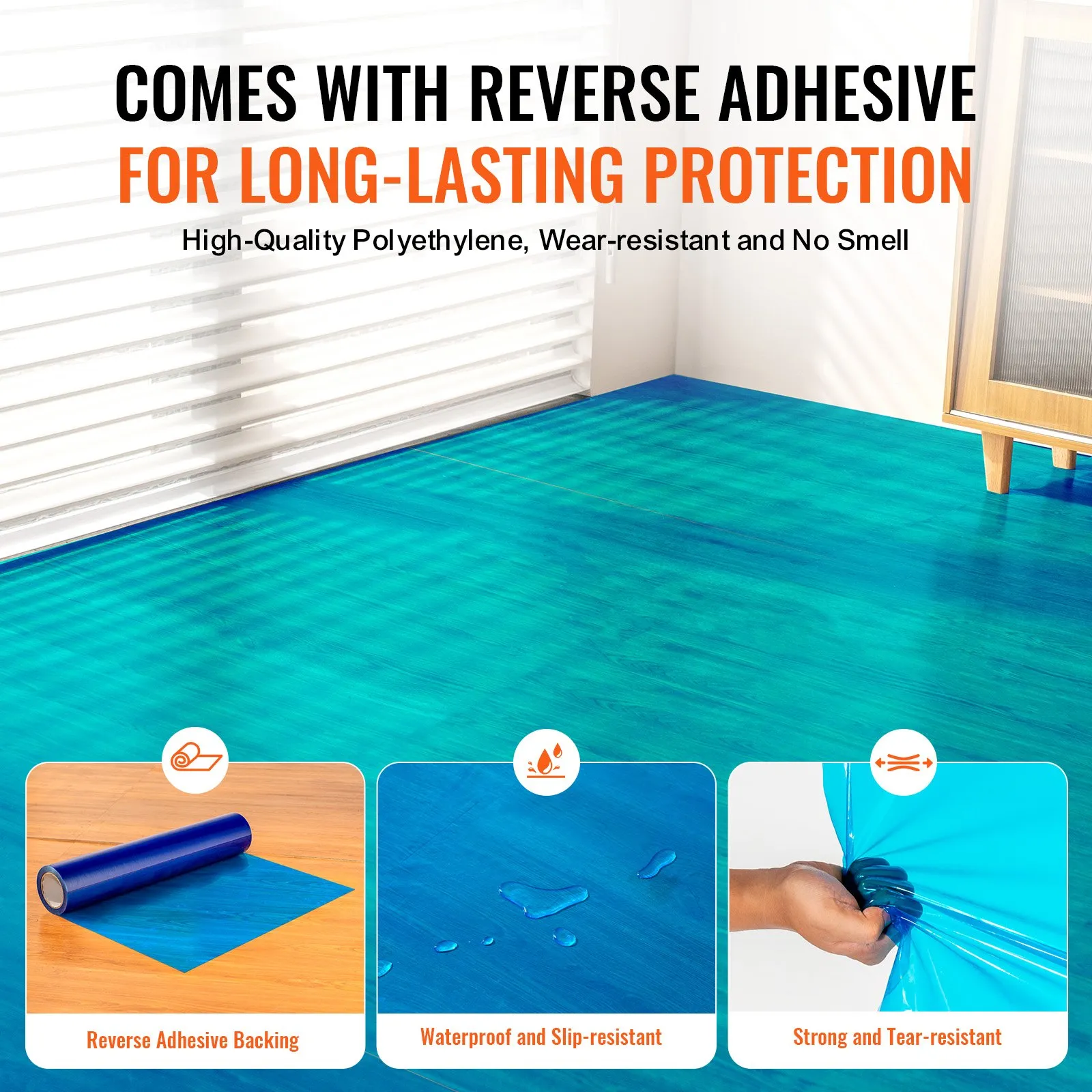 VEVOR carpet protection film features waterproof, slip-resistant, reverse adhesive backing for durability.