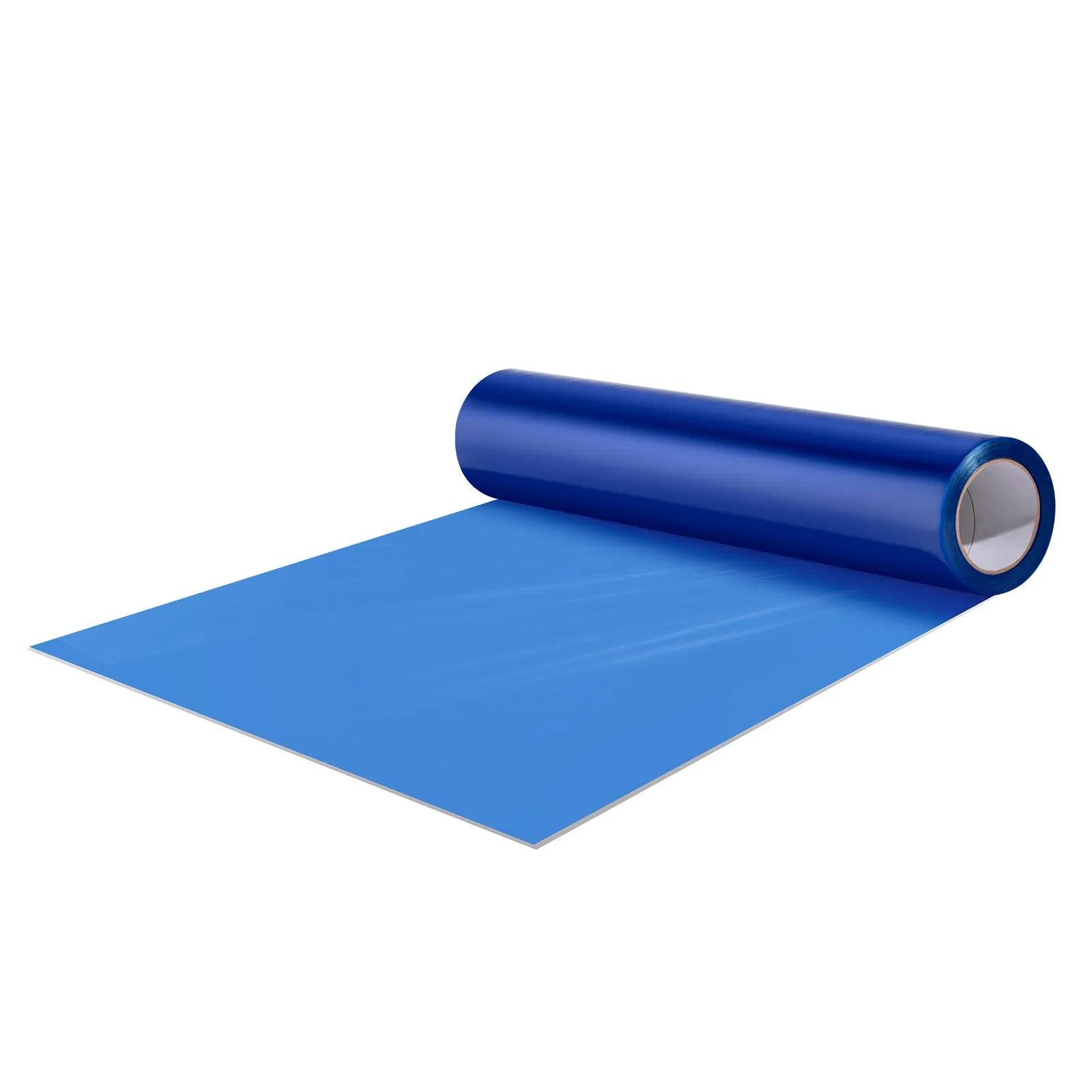 blue roll of VEVOR carpet protection film partially unrolled on white background.