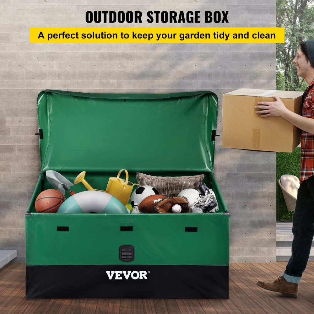 VEVOR Outdoor Storage Box, 100 Gallon Waterproof PE Tarpaulin Deck Box with Galvanized Frame, All-Weather Protection & Portable, for Camping, Garden, Poolside, and Yard, Brown & Blue