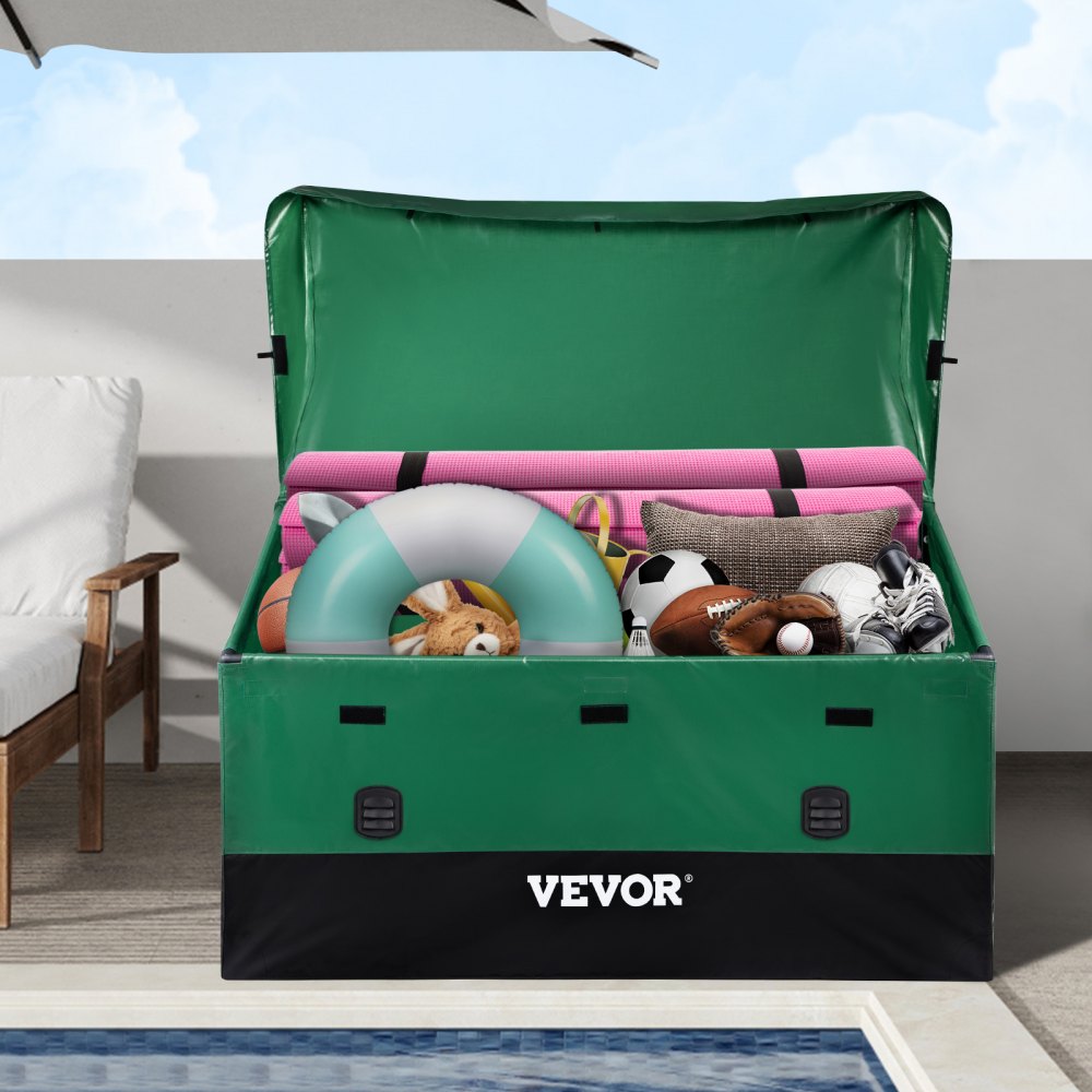 coffre de rangement VEVOR vert avec jouets et équipements sportifs près de la piscine