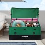 green VEVOR outdoor storage box by the pool filled with sports and pool items.