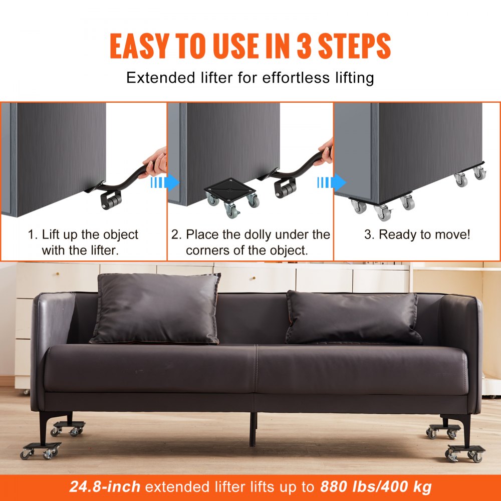 VEVOR Furniture Dolly, Furniture Moving Dollies with 360° Rotation PP Wheels & Enhance Carbon Steel Panel, Furniture Mover Tool Set with 1.9’’ Wheel for Furniture Lifting and Moving, LxW (6.4’’x6.9’’)