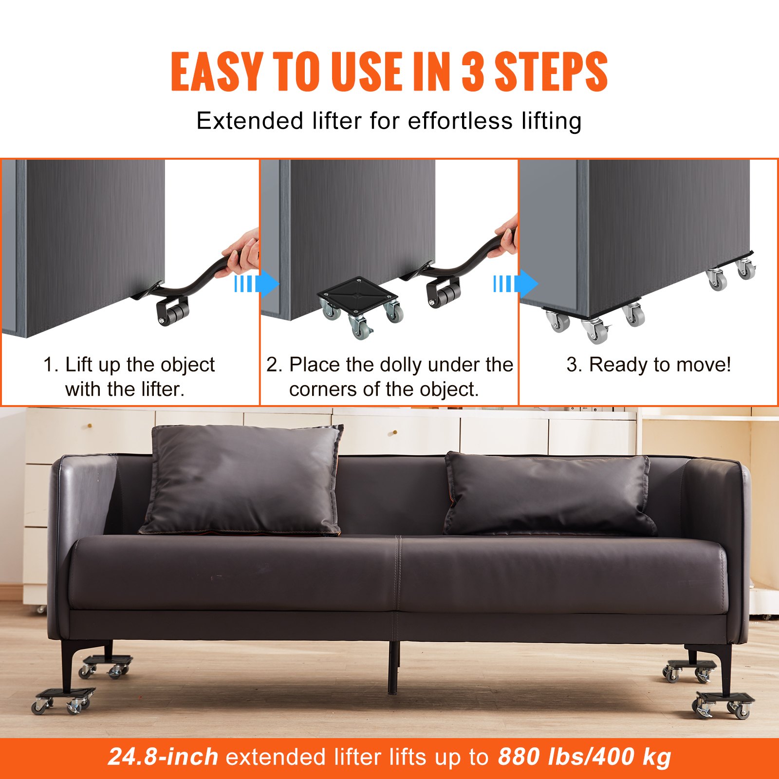 VEVOR Furniture Dolly, Furniture Moving Dollies with 360° Rotation PP Wheels & Enhance Carbon Steel Panel, Furniture Mover Tool Set with 1.9’’ Wheel for Furniture Lifting and Moving, LxW (6.4’’x6.9’’)