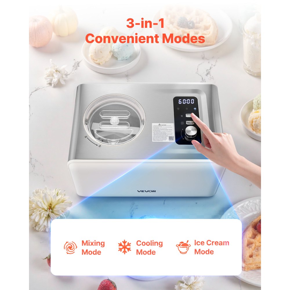 VEVOR Automatic Ice Cream Maker with Built-in Compressor, 2 Quart No Pre-freezing Gelato Maker, Electric Sorbet-Maker, 3 Modes Compressor Ice Cream Machine for Home Kitchen