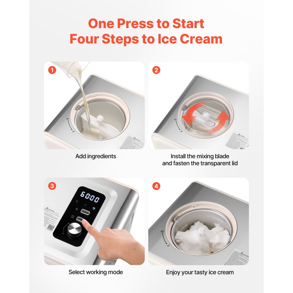 VEVOR Automatic Ice Cream Maker with Built-in Compressor, 2 Quart No Pre-freezing Gelato Maker, Electric Sorbet-Maker, 3 Modes Compressor Ice Cream Machine for Home Kitchen