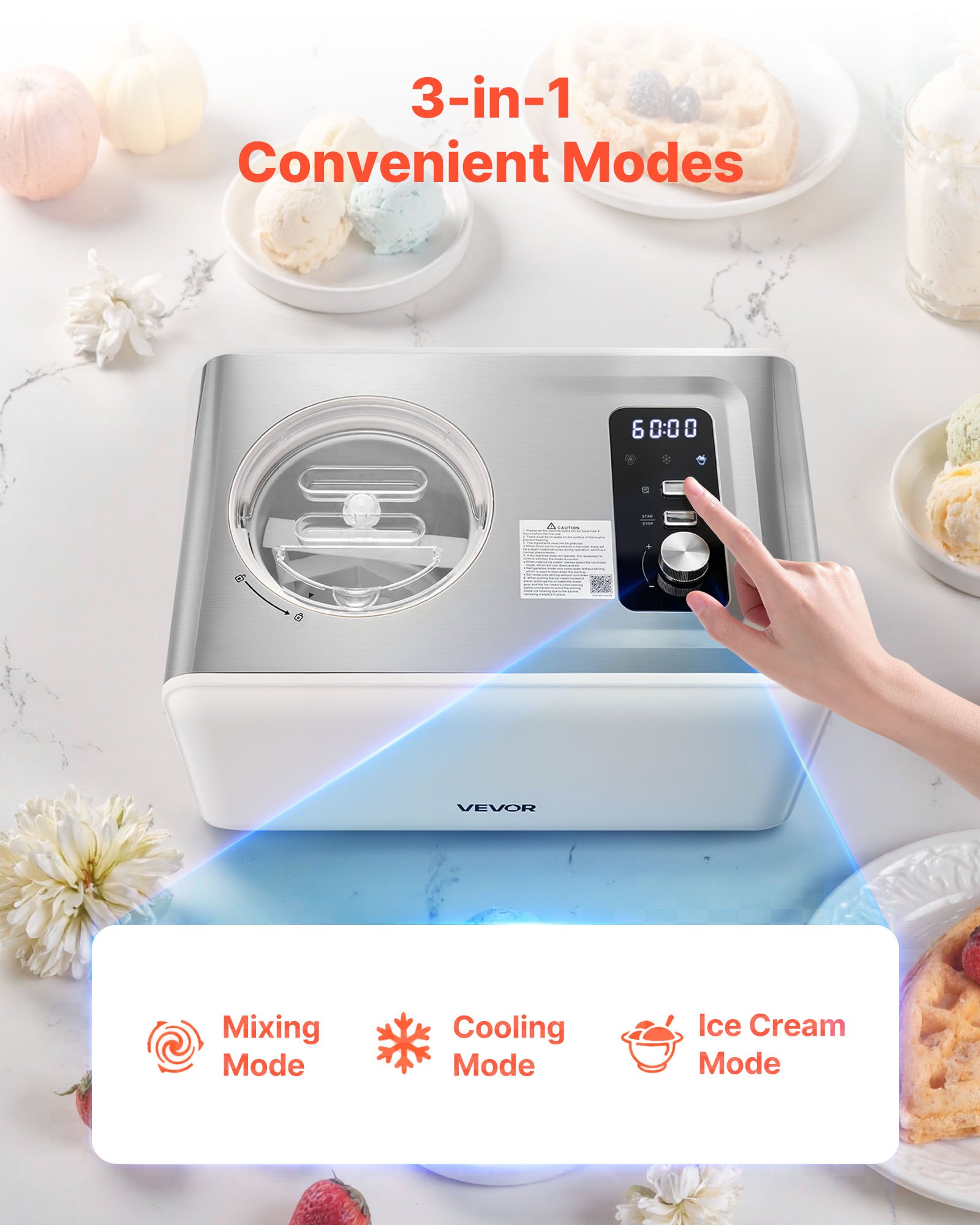 VEVOR Automatic Ice Cream Maker with Built-in Compressor, 2 Quart No Pre-freezing Gelato Maker, Electric Sorbet-Maker, 3 Modes Compressor Ice Cream Machine for Home Kitchen