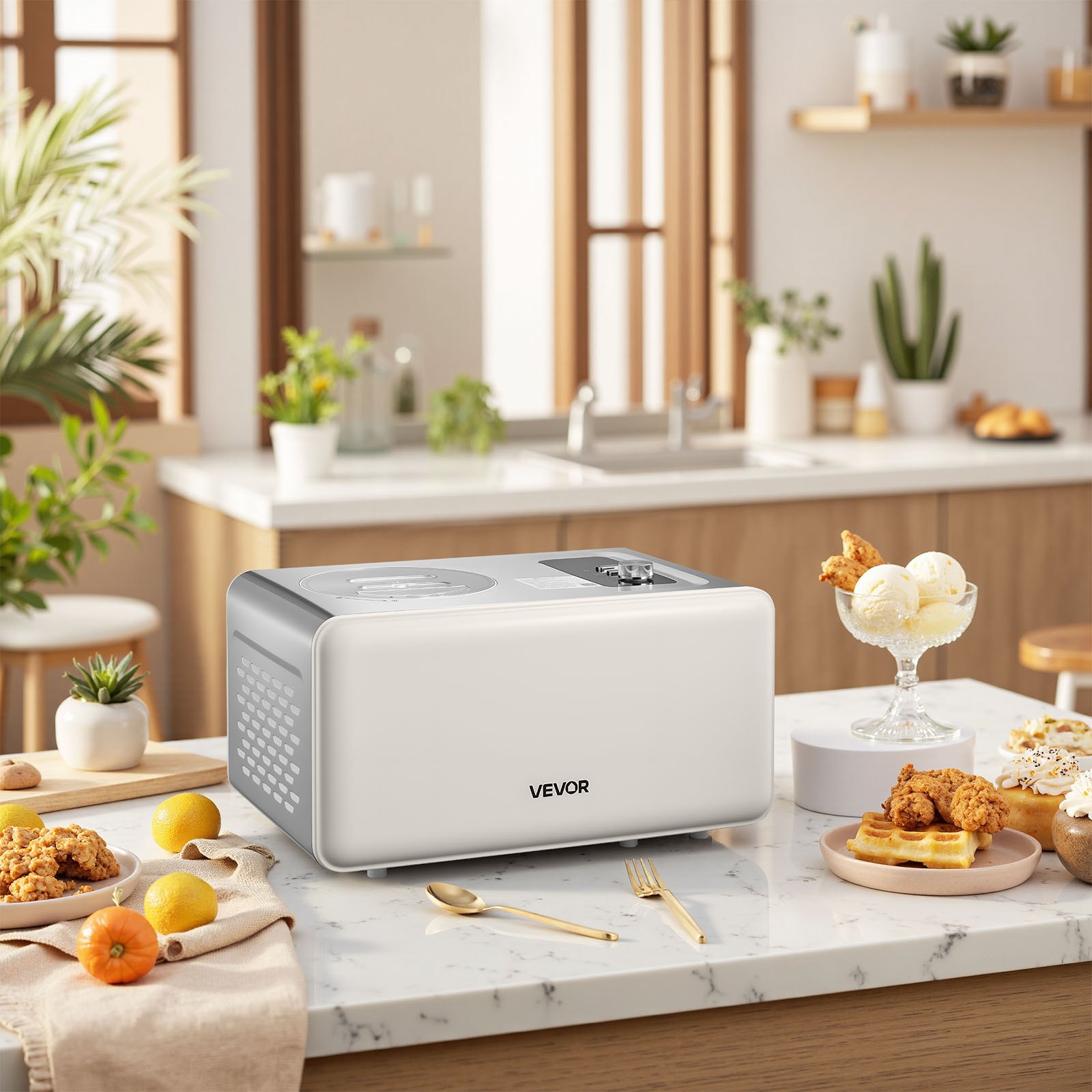 VEVOR Automatic Ice Cream Maker with Built-in Compressor, 2 Quart No Pre-freezing Gelato Maker, Electric Sorbet-Maker, 3 Modes Compressor Ice Cream Machine for Home Kitchen