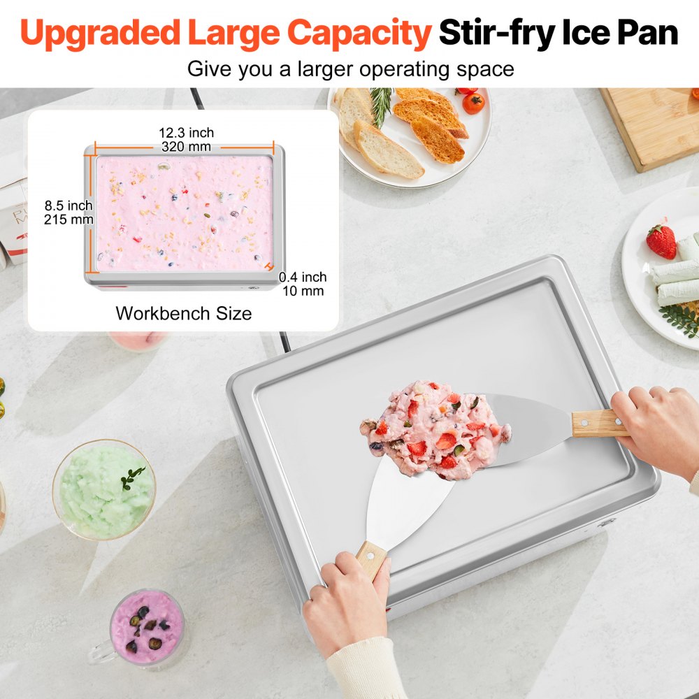VEVOR Fried Ice Cream Roll Machine, 12.6" x 8.5" Stir-Fried Ice Cream Pan, Stainless Steel Rolled Ice Cream Maker with Compressor and 2 Scrapers, for Making Ice Cream, Frozen Yogurt, Ice Cream Rolls