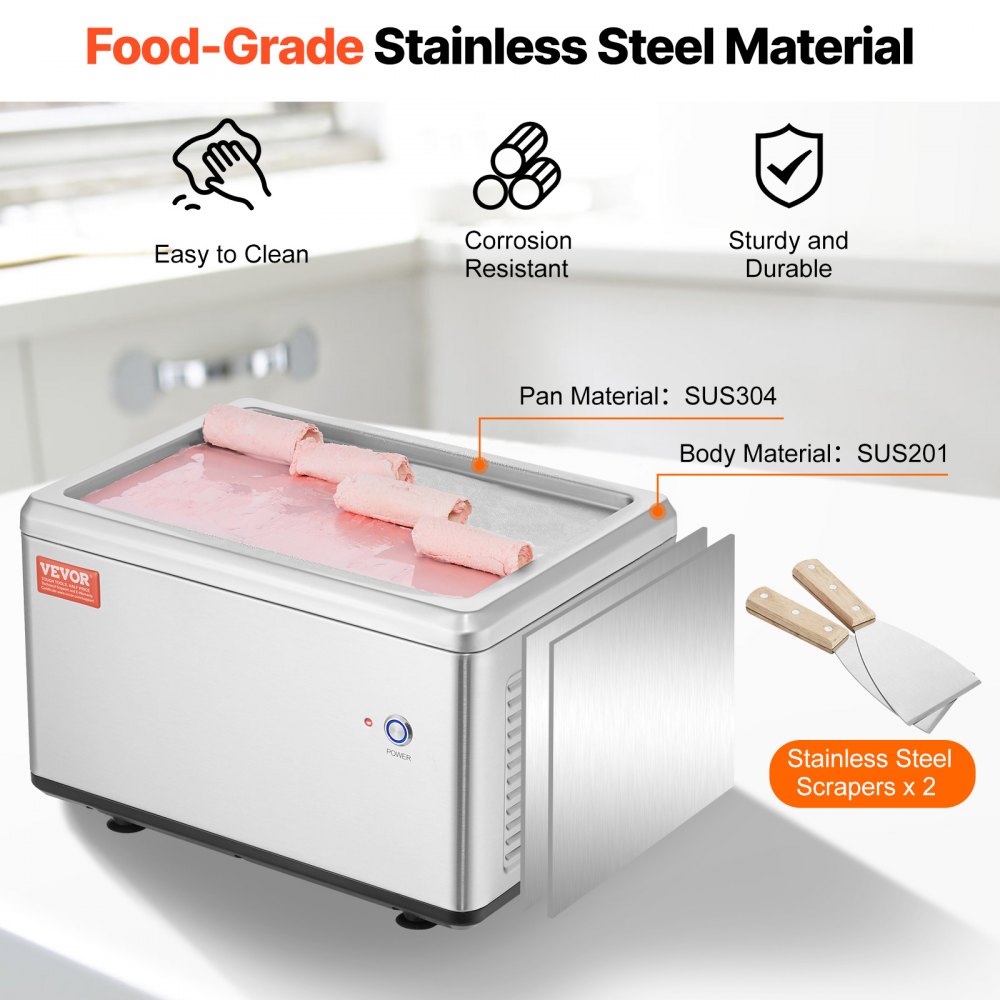 VEVOR Fried Ice Cream Roll Machine, 12.6" x 8.5" Stir-Fried Ice Cream Pan, Stainless Steel Rolled Ice Cream Maker with Compressor and 2 Scrapers, for Making Ice Cream, Frozen Yogurt, Ice Cream Rolls
