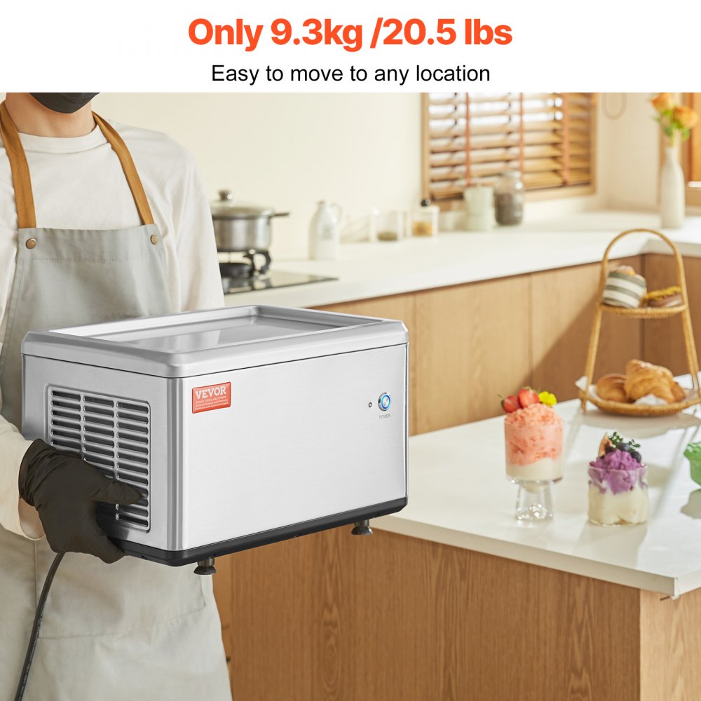 VEVOR Fried Ice Cream Roll Machine, 12.6" x 8.5" Stir-Fried Ice Cream Pan, Stainless Steel Rolled Ice Cream Maker with Compressor and 2 Scrapers, for Making Ice Cream, Frozen Yogurt, Ice Cream Rolls
