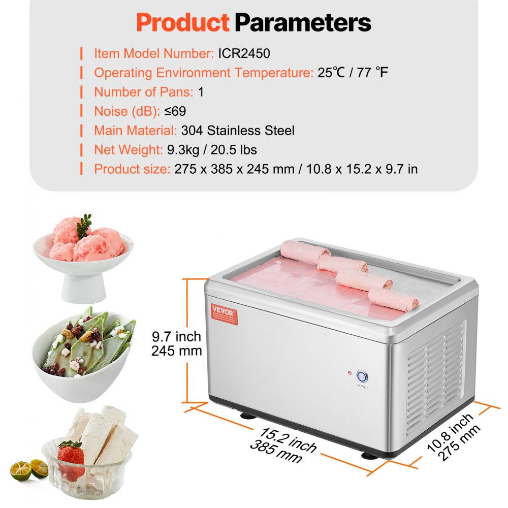VEVOR Fried Ice Cream Roll Machine, 12.6" x 8.5" Stir-Fried Ice Cream Pan, Stainless Steel Rolled Ice Cream Maker with Compressor and 2 Scrapers, for Making Ice Cream, Frozen Yogurt, Ice Cream Rolls
