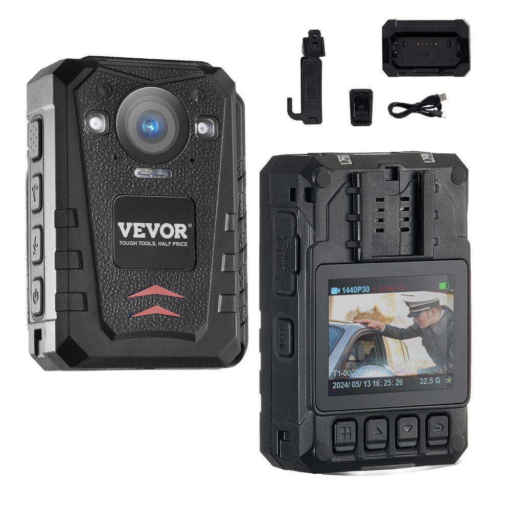 VEVOR Cámara corporal de policía HD 1440P, cámara corporal de 64 GB con grabación de audio y vídeo, batería incorporada de 3500 mAh, LCD de 2,0 pulgadas, visión nocturna infrarroja, cámara corporal personal GPS resistente al agua para las fuerzas del orden