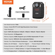 VEVOR 1440P Police Body Camera 64G Body Cam with 2850 mAh Battery Night Vision