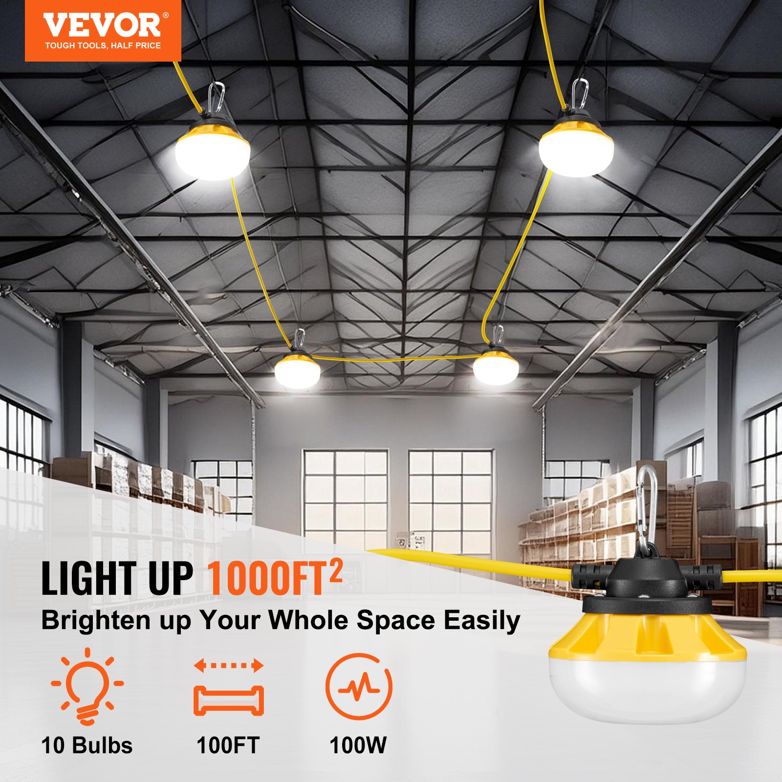 VEVOR 30.5 m Construction String Lights 100W 10000LM Connectable Waterproof