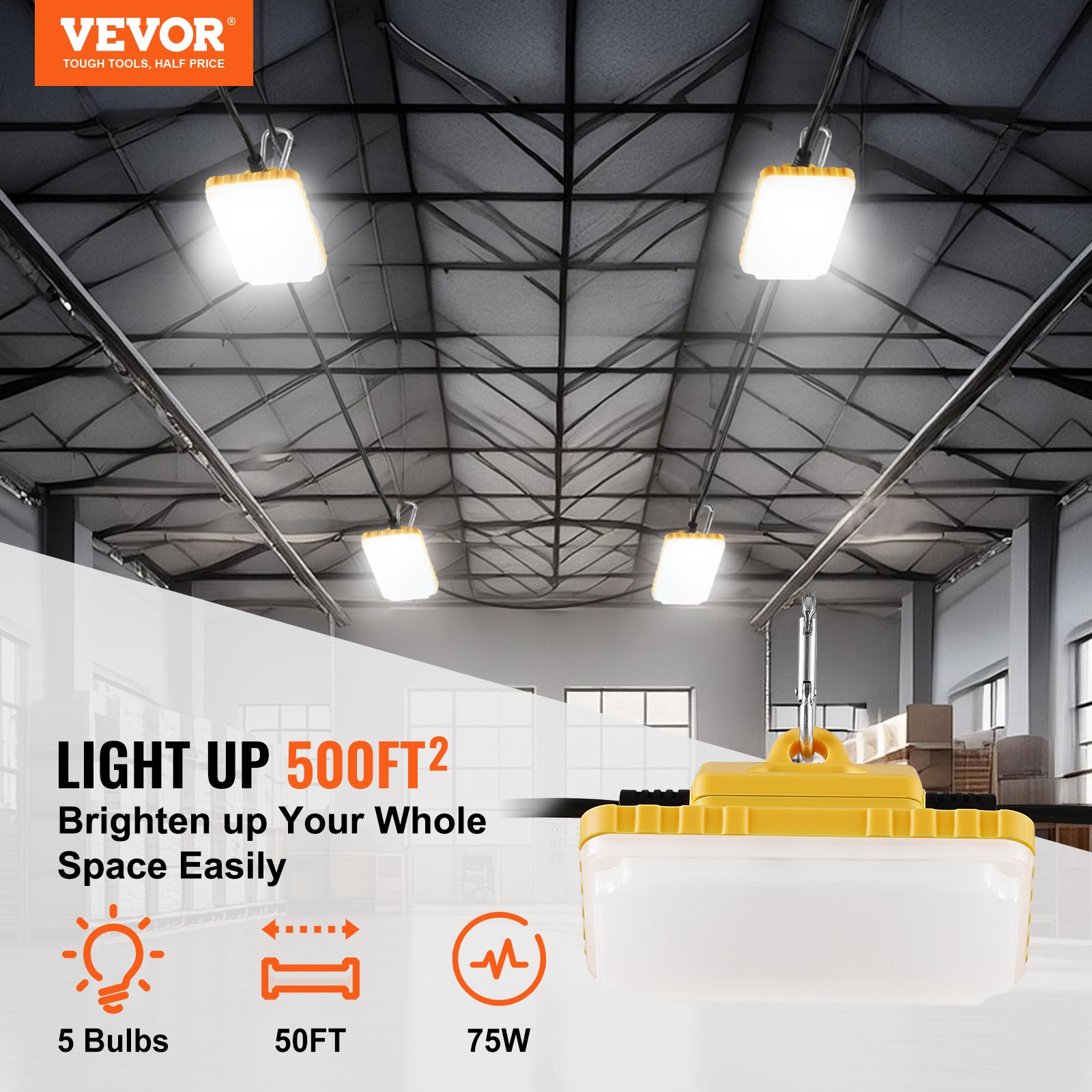VEVOR 15.24 m Construction String Work Lights 75W 7500LM Connectable Waterproof