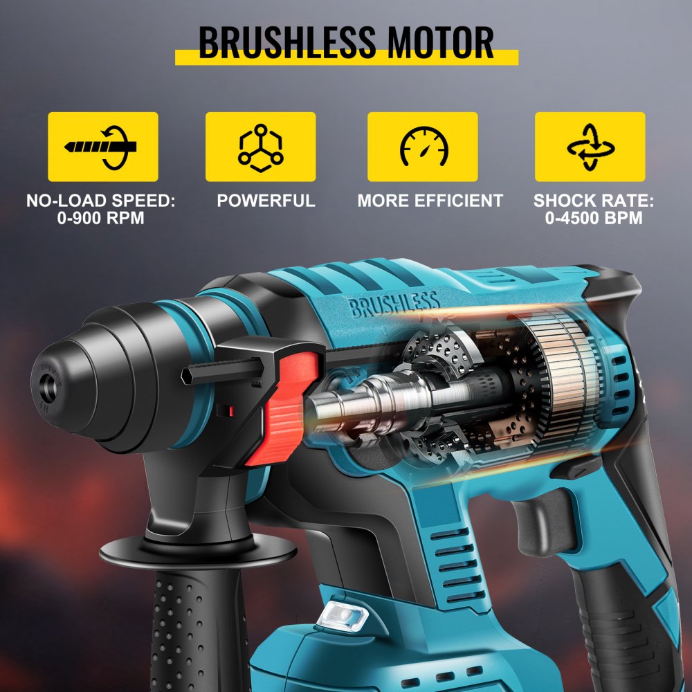 VEVOR SDS-Plus Heavy Duty Rotary Hammer Drill, 900 rpm & 4500 bpm Variable Speed Electric Hammer, 4 Functions Cordless Drill w/ LED Light & Ruler, 360° Rotary Handle 18V Batteriesx2 Demolition Hammer