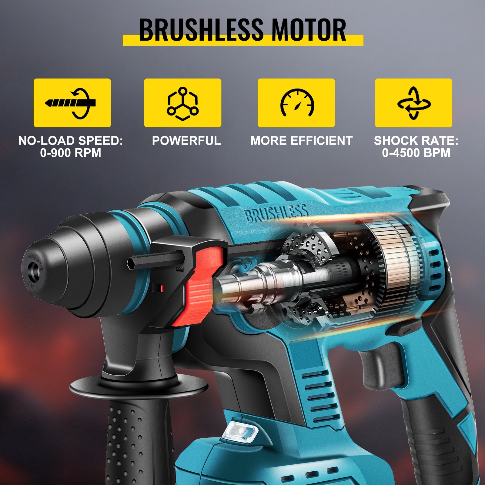 VEVOR SDS-Plus Heavy Duty Rotary Hammer Drill, 900 rpm & 4500 bpm Variable Speed Electric Hammer, 4 Functions Cordless Drill w/ LED Light & Ruler, 360° Rotary Handle 18V Batteriesx2 Demolition Hammer