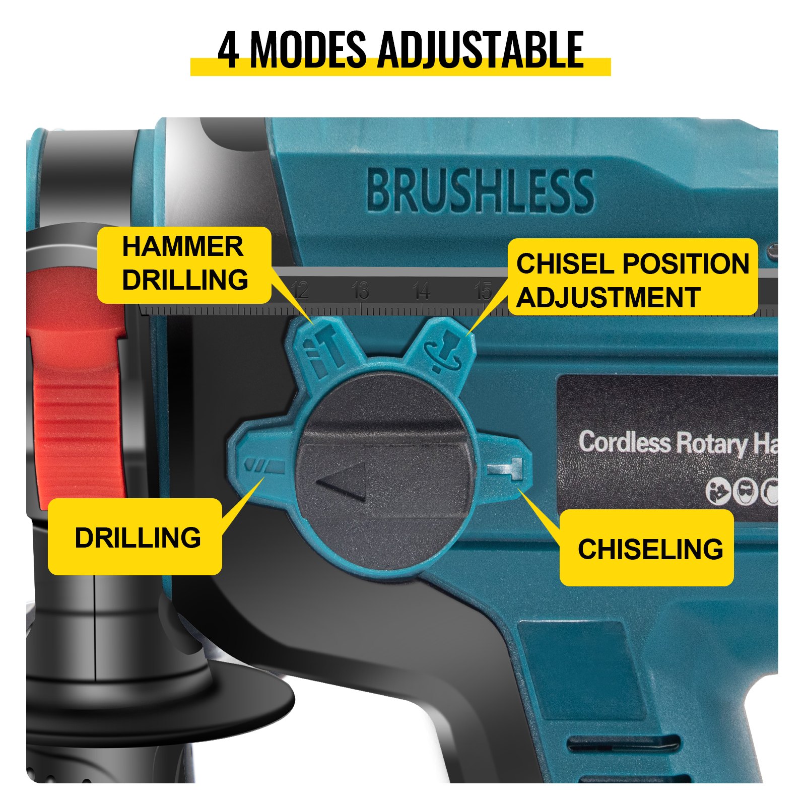 VEVOR SDS-Plus Heavy Duty Rotary Hammer Drill, 900 rpm & 4500 bpm Variable Speed Electric Hammer, 4 Functions Cordless Drill w/ LED Light & Ruler, 360° Rotary Handle 18V Batteriesx2 Demolition Hammer