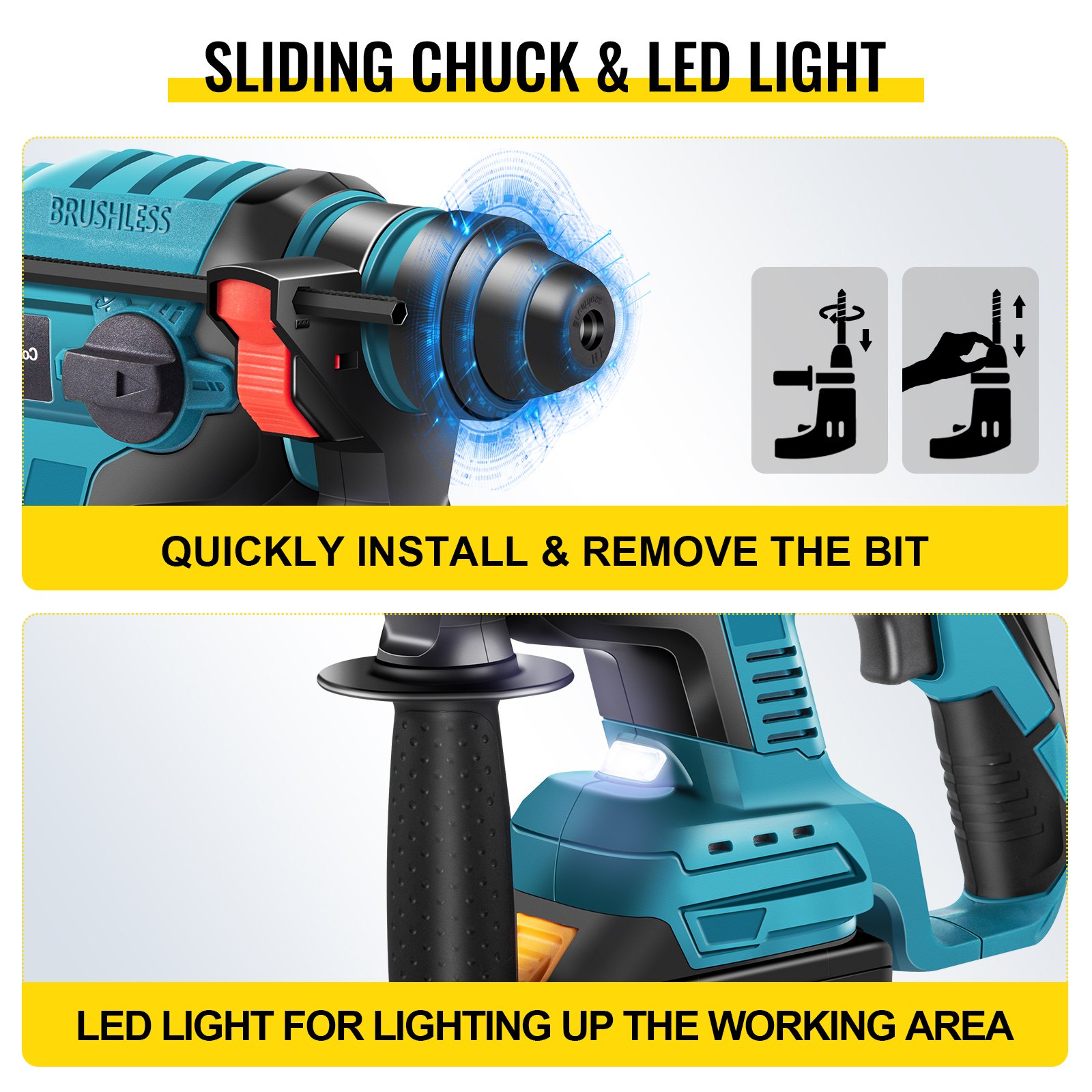VEVOR SDS-Plus Heavy Duty Rotary Hammer Drill, 900 rpm & 4500 bpm Variable Speed Electric Hammer, 4 Functions Cordless Drill w/ LED Light & Ruler, 360° Rotary Handle 18V Batteriesx2 Demolition Hammer