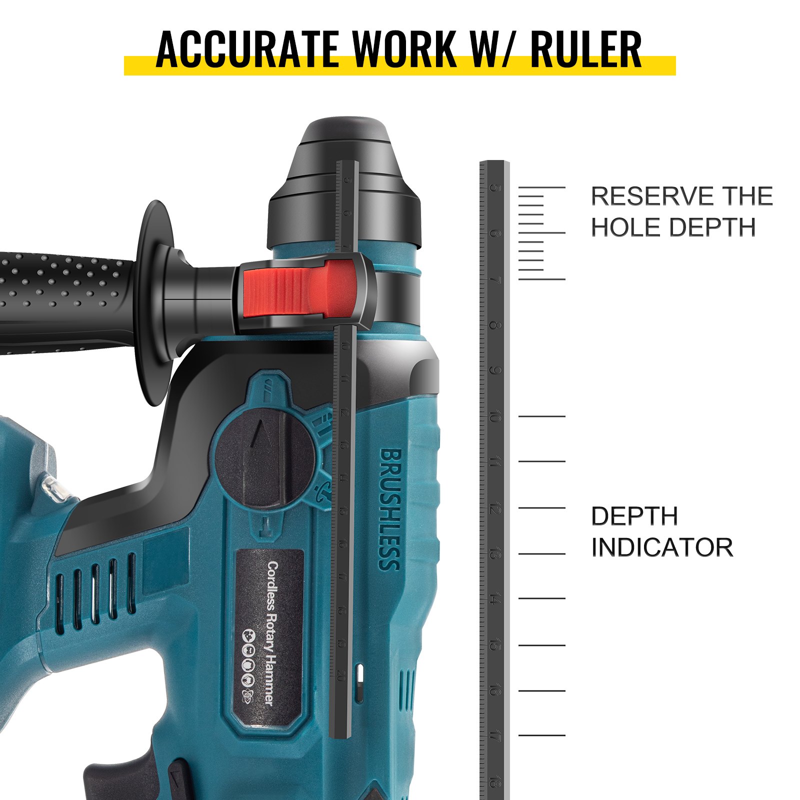 VEVOR SDS-Plus Heavy Duty Rotary Hammer Drill, 900 rpm & 4500 bpm Variable Speed Electric Hammer, 4 Functions Cordless Drill w/ LED Light & Ruler, 360° Rotary Handle 18V Batteriesx2 Demolition Hammer