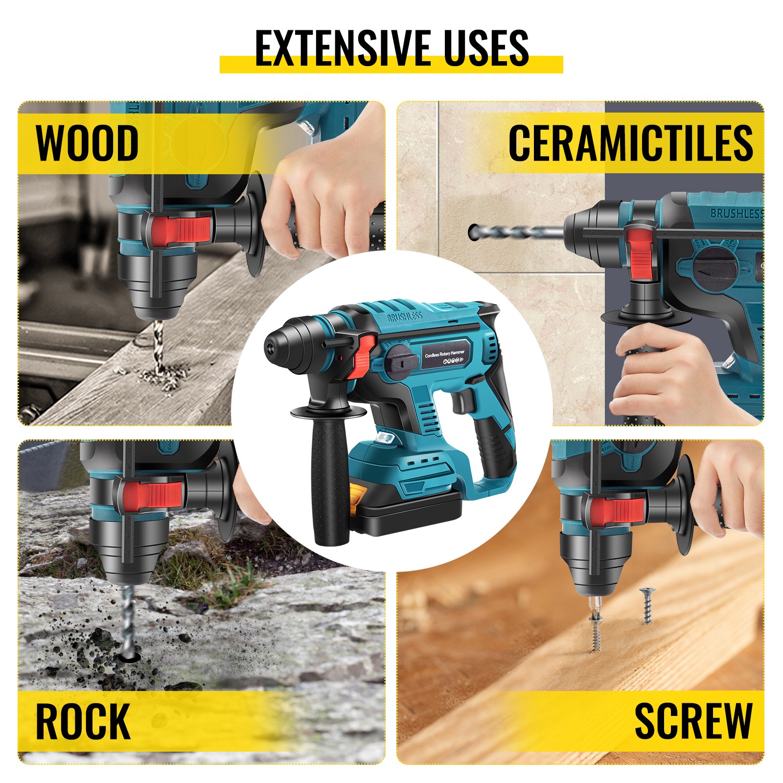 VEVOR SDS-Plus Heavy Duty Rotary Hammer Drill, 900 rpm & 4500 bpm Variable Speed Electric Hammer, 4 Functions Cordless Drill w/ LED Light & Ruler, 360° Rotary Handle 18V Batteriesx2 Demolition Hammer