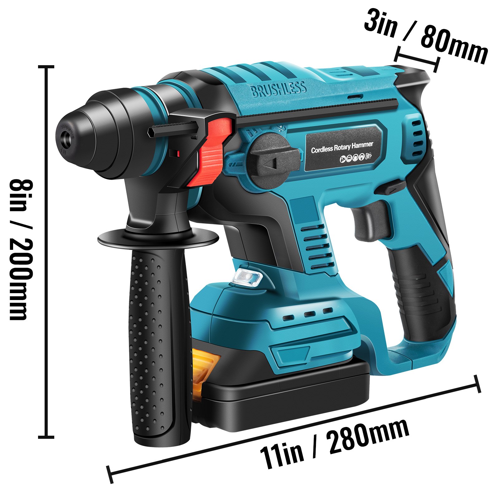 VEVOR SDS-Plus Heavy Duty Rotary Hammer Drill, 900 rpm & 4500 bpm Variable Speed Electric Hammer, 4 Functions Cordless Drill w/ LED Light & Ruler, 360° Rotary Handle 18V Batteriesx2 Demolition Hammer