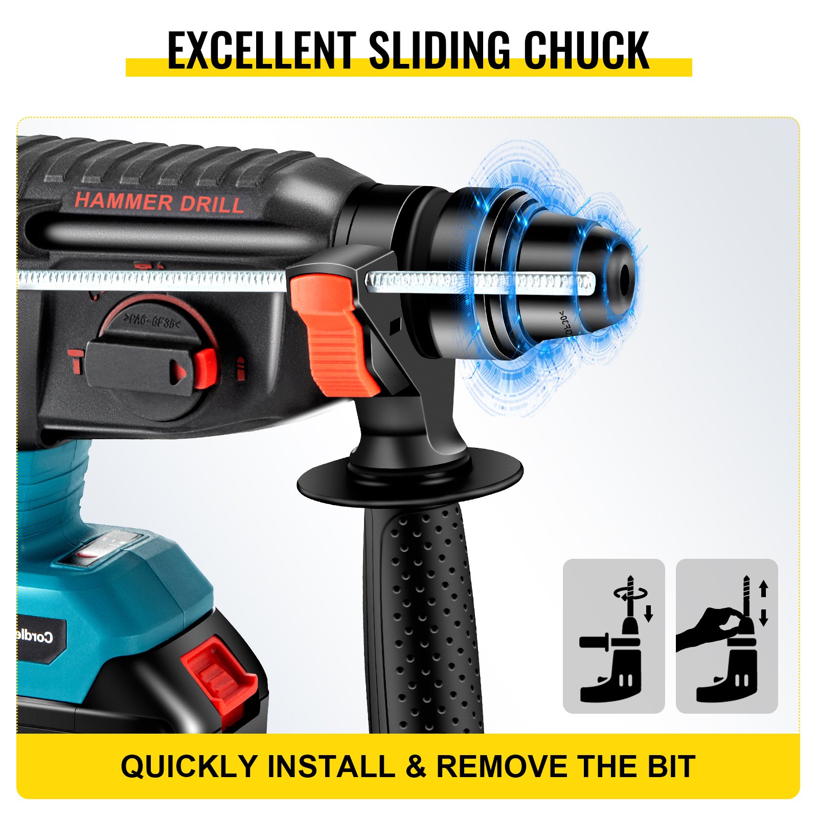 VEVOR SDS-Plus Heavy Duty Rotary Hammer Drill, 1400rpm & 4500bpm Variable Speed Electric Hammer, 4 Functions Cordless Drill w/ Ruler, 360° Rotary Handle 18V Batteriesx2 Demolition Hammer for Concrete