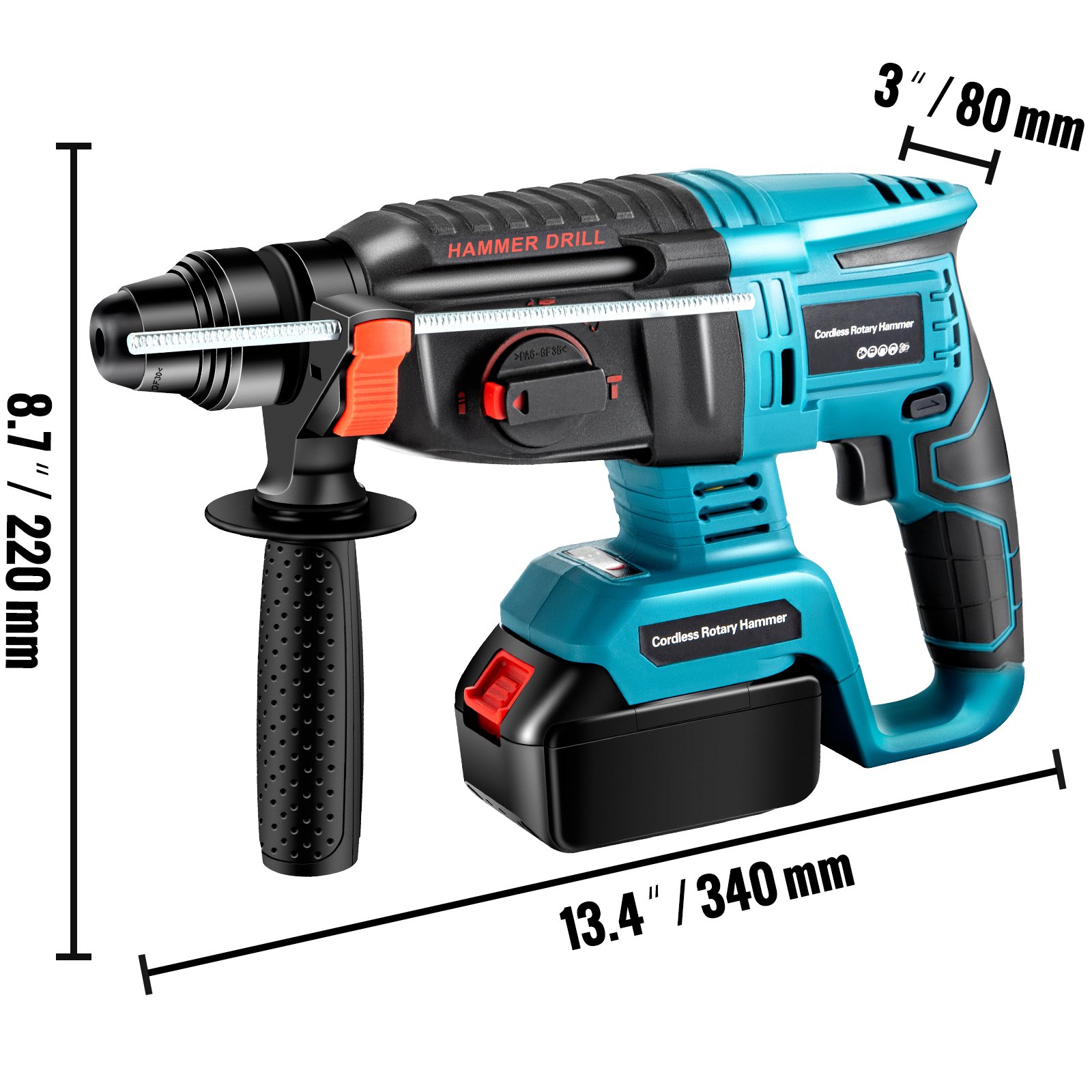 VEVOR SDS-Plus Heavy Duty Rotary Hammer Drill, 1400rpm & 4500bpm Variable Speed Electric Hammer, 4 Functions Cordless Drill w/ Ruler, 360° Rotary Handle 18V Batteriesx2 Demolition Hammer for Concrete