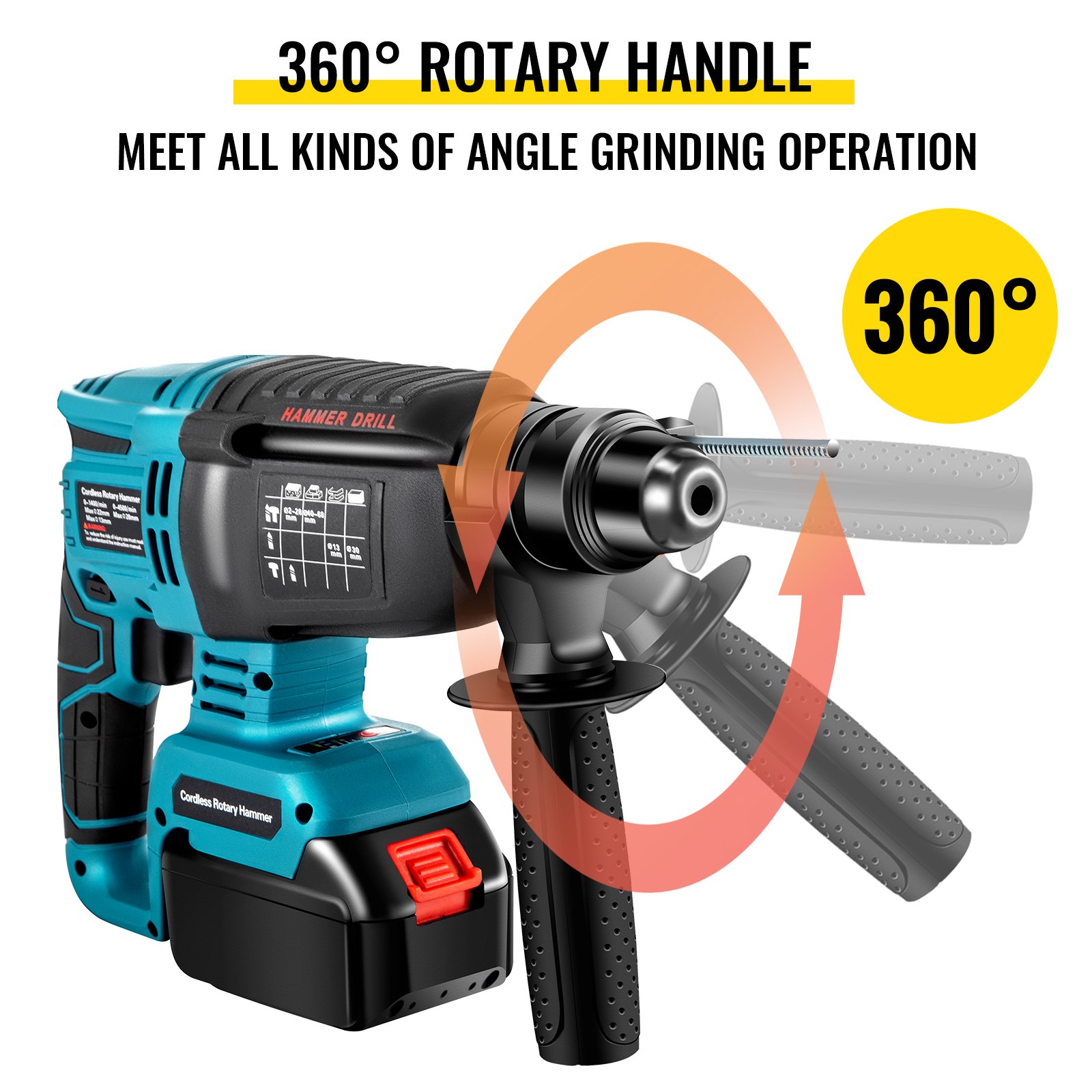 Vevor Electric Rotary Hammer Sds Cordless Drill 4 Functions Variable Speed 18v