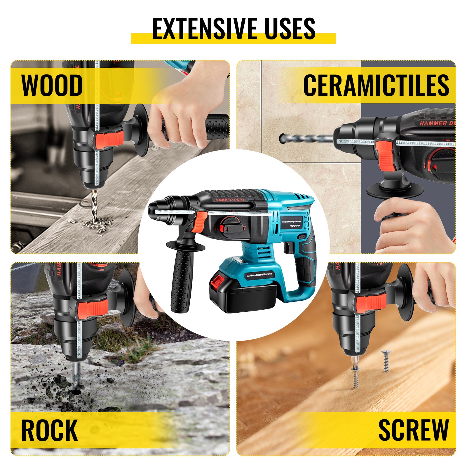Vevor Electric Rotary Hammer Sds Cordless Drill 4 Functions Variable Speed 18v