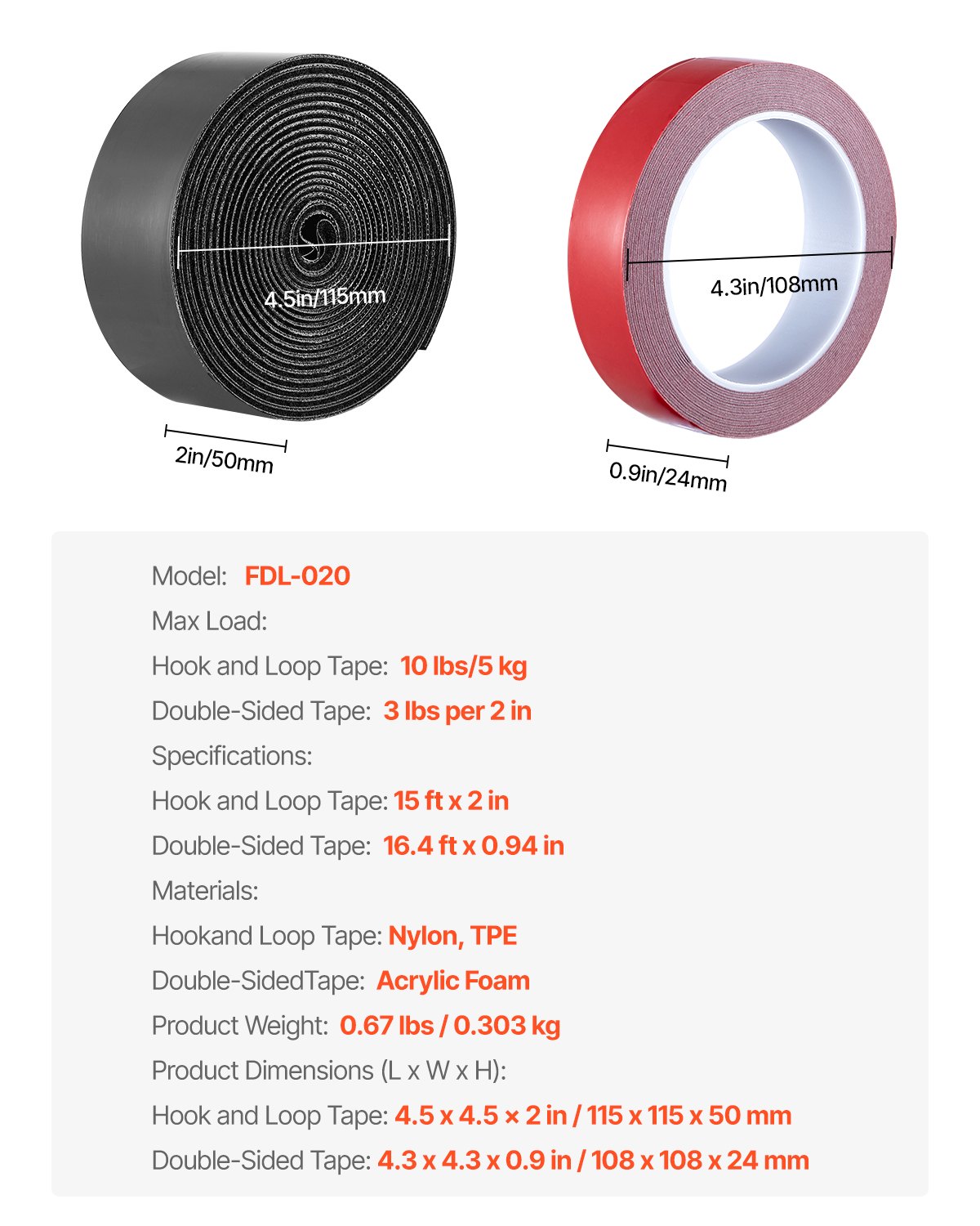 VEVOR 15 ft x 2 in Hook Loop Tape and 16.4 ft x 0.94 in Double-Side Strips,  Nylon Self Adhesive Heavy Duty Strips Roll,  Sticky Back Fastener Rolls for Home Office School and Crafting, Black + Red