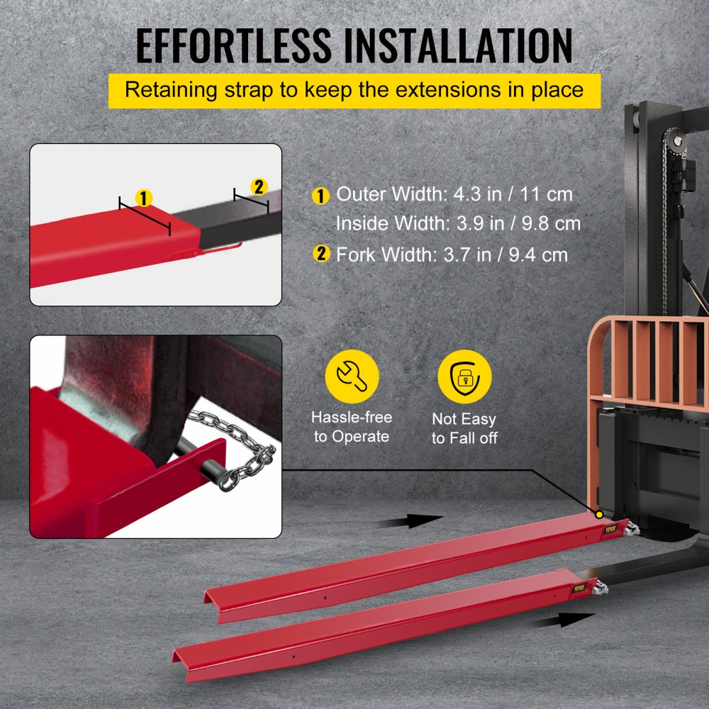 VEVOR Extensiones de horquilla para palé de carretilla elevadora, 72 pulgadas de largo x 4 pulgadas de ancho, extensiones de horquilla elevadora, extensiones de horquilla de palé de acero resistente, 1 par para carretilla elevadora, carretillas elevadoras, abrazadera de cargador en horquillas de palé