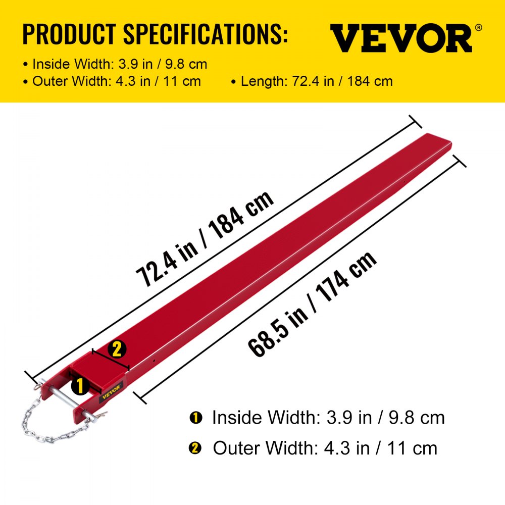 VEVOR Extensiones de horquilla para palé de carretilla elevadora, 72 pulgadas de largo x 4 pulgadas de ancho, extensiones de horquilla elevadora, extensiones de horquilla de palé de acero resistente, 1 par para carretilla elevadora, carretillas elevadoras, abrazadera de cargador en horquillas de palé