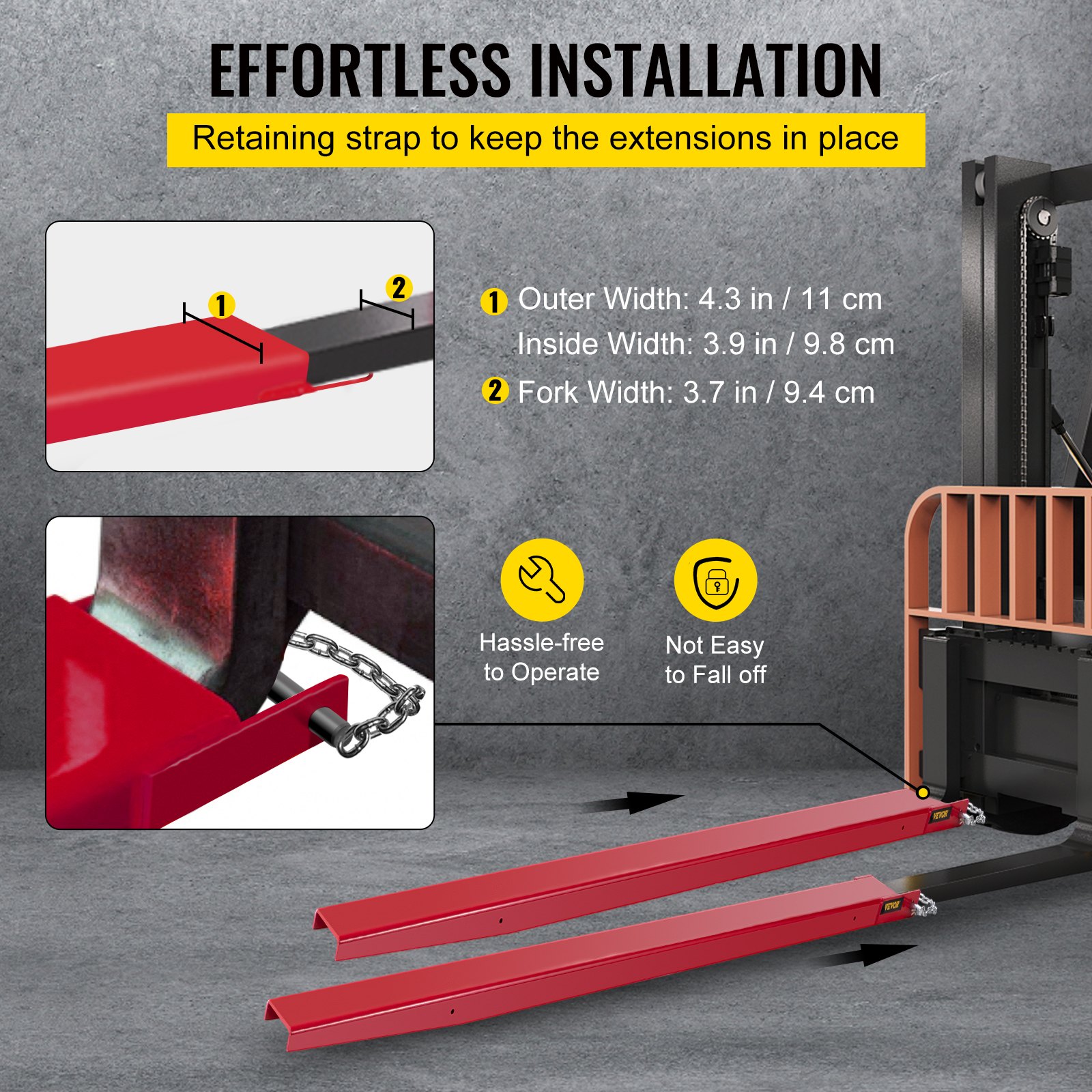 VEVOR Extensiones de horquilla para palé de carretilla elevadora, 72 pulgadas de largo x 4 pulgadas de ancho, extensiones de horquilla elevadora, extensiones de horquilla de palé de acero resistente, 1 par para carretilla elevadora, carretillas elevadoras, abrazadera de cargador en horquillas de palé