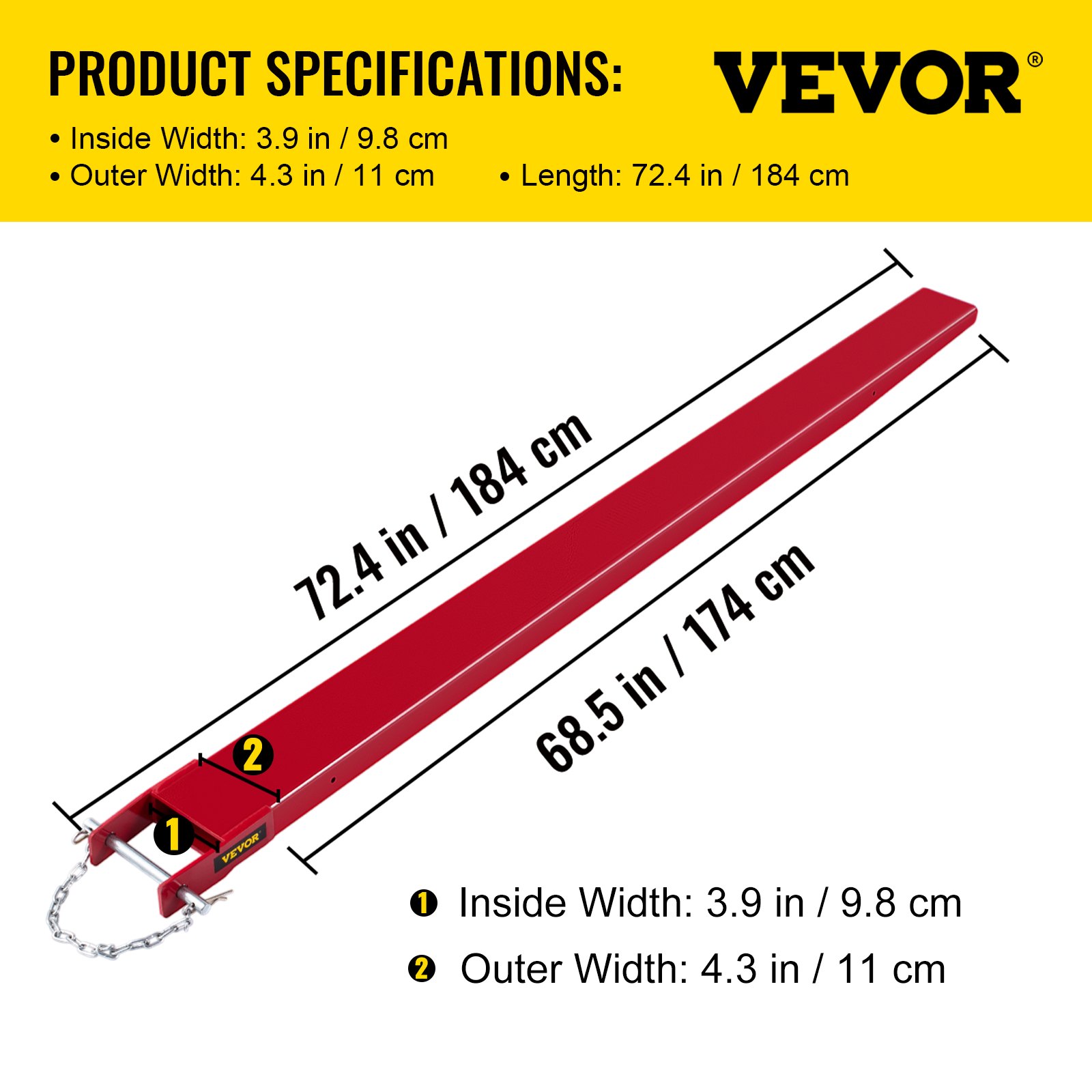 VEVOR Extensiones de horquilla para palé de carretilla elevadora, 72 pulgadas de largo x 4 pulgadas de ancho, extensiones de horquilla elevadora, extensiones de horquilla de palé de acero resistente, 1 par para carretilla elevadora, carretillas elevadoras, abrazadera de cargador en horquillas de palé