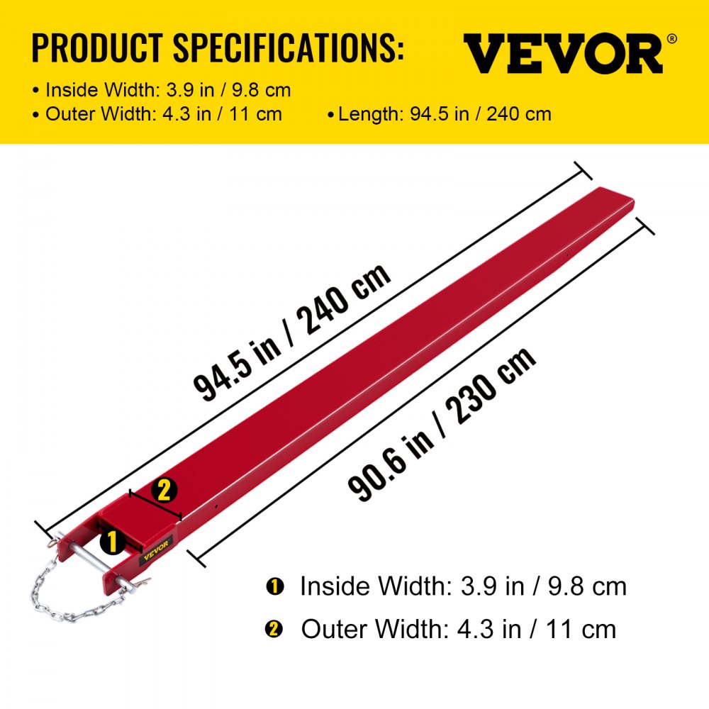 VEVOR Extensiones de horquilla elevadora para carretilla elevadora, 96 pulgadas de largo x 4 pulgadas de ancho, extensiones de horquilla elevadora, extensiones de horquilla elevadora de acero resistente, 1 par para carretilla elevadora, carretilla elevadora, cargador, abrazadera en horquillas de paleta