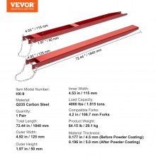 VEVOR Pallet Fork Extensions, 72" Length 4.5" Width, Heavy Duty Carbon Steel Fork Extensions for Forklifts, 1 Pair Forklift Extensions with Pins, Forklift Fork Attachments for Forklift Truck, Red