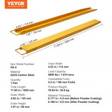 VEVOR Pallet Fork Extensions, 1820 mm Length 115 mm Width, Heavy Duty Steel Fork Extensions for Forklifts, 1 Pair Forklift Extensions, Industrial Forklift Fork Attachments for Forklift Truck, Yellow