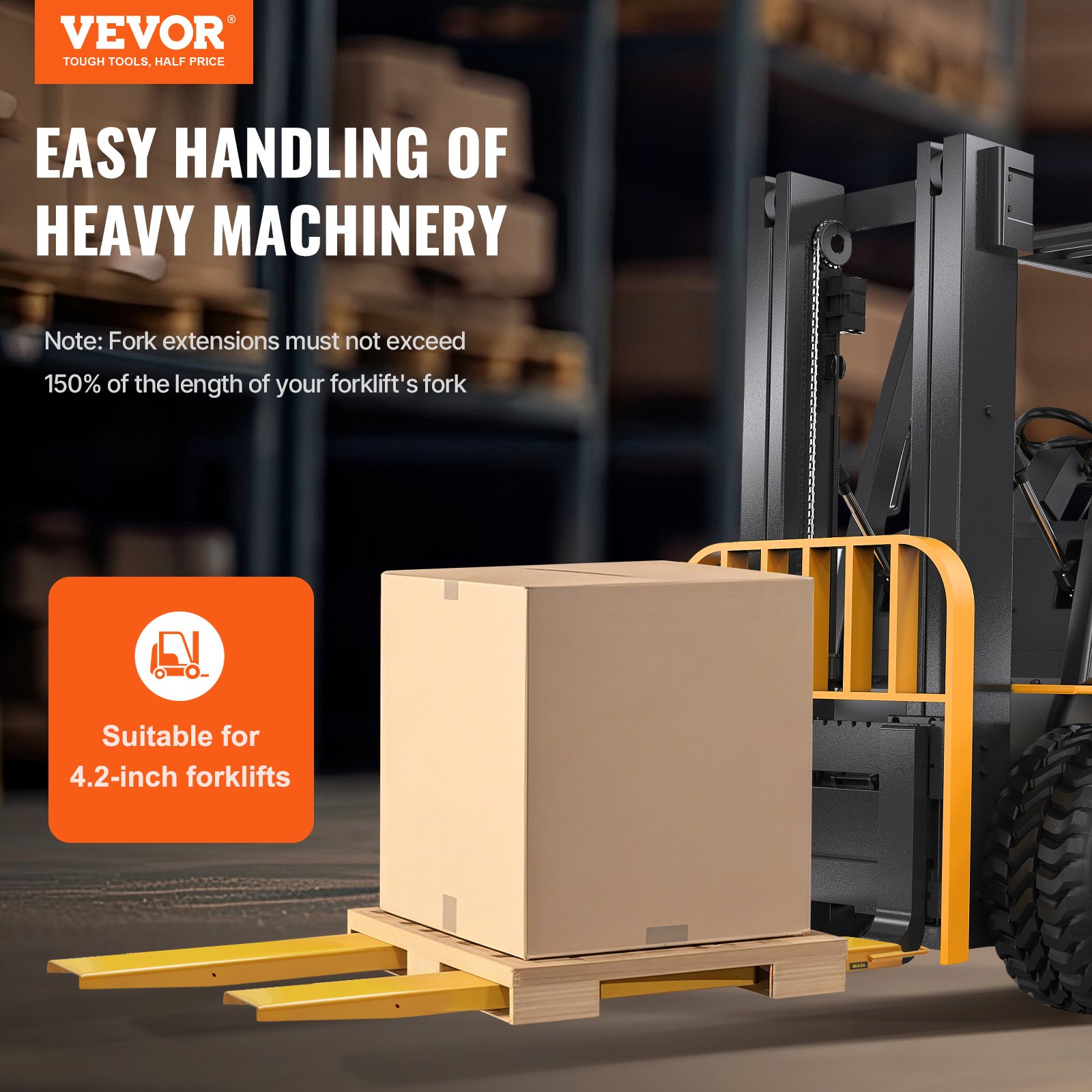 VEVOR Pallet Fork Extensions, 1820 mm Length 115 mm Width, Heavy Duty Carbon Steel Fork Extensions for Forklifts, 1 Pair Forklift Extensions, Industrial Forklift Fork Attachments for Forklift Truck, Yellow