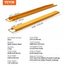 Extensões de garfo de palete VEVOR, 84" de comprimento 5,5" de largura, extensões de garfo de aço carbono para serviços pesados ​​para empilhadeiras, 1 par de extensões de empilhadeira, acessórios de garfo de empilhadeira industrial para empilhadeira, amarelo