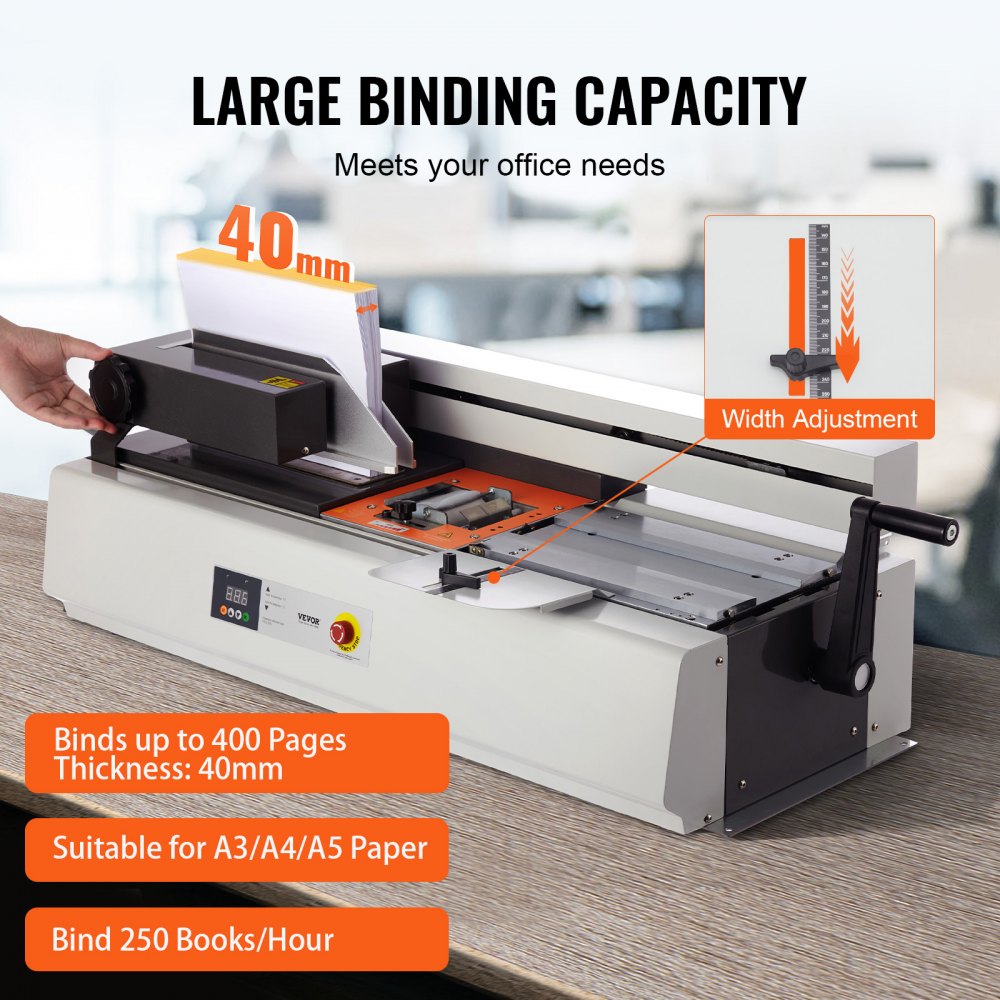 VEVOR Thermal Binding Machine, 400 Sheets Capacity Hot Glue Binding Machine, Thermal Book Binder 40mm Binding Thickness A3(Short Edge)/A4/A5 Document