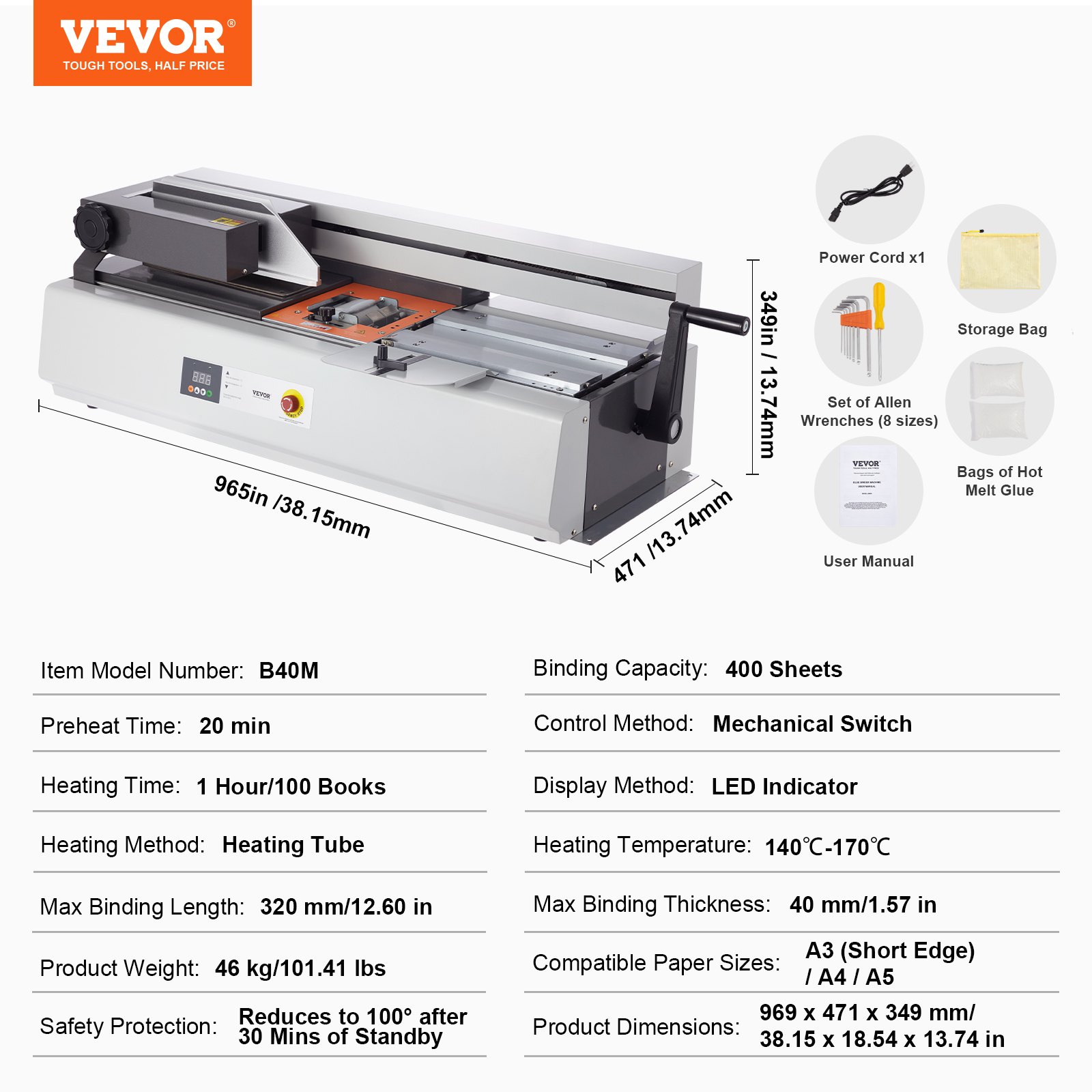 VEVOR Thermal Binding Machine, 400 Sheets Capacity Hot Glue Binding Machine, Thermal Book Binder 40mm Binding Thickness A3(Short Edge)/A4/A5 Document