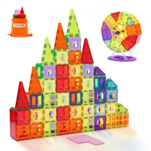 VEVOR Magnetic Tiles, 181 PCS Magnetic Building Blocks for Kids, Magnet Building Set with Car Bases/Ferris Wheel/Letter & Digital Cards, STEM Construction Stacking Toys for Toddlers Boys Girls Aged 5+