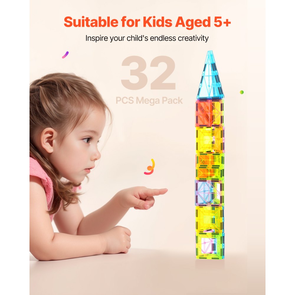 VEVOR Magnetic Tiles, 32 PCS Magnetic Building Blocks for Kids, Magnet Building Set with Storage Bag, STEM Sensory Educational Construction Stacking Toys Gift for Toddlers Boys and Girls 3+ Year Old