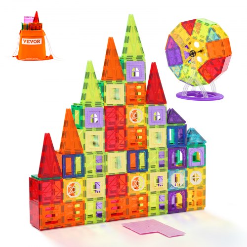 VEVOR Magnetic Tiles, 180 PCS Magnetic Building Blocks for Kids, Magnet Building Set with 2 Car Bases & Ferris Wheel Stand, STEM Educational Construction Stacking Toys for Toddlers Boys Girls Aged 5+