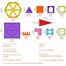 VEVOR Tuiles magnétiques Jouet de construction magnétique 180 pièces Blocs magnétiques pour enfants Ensemble 3D