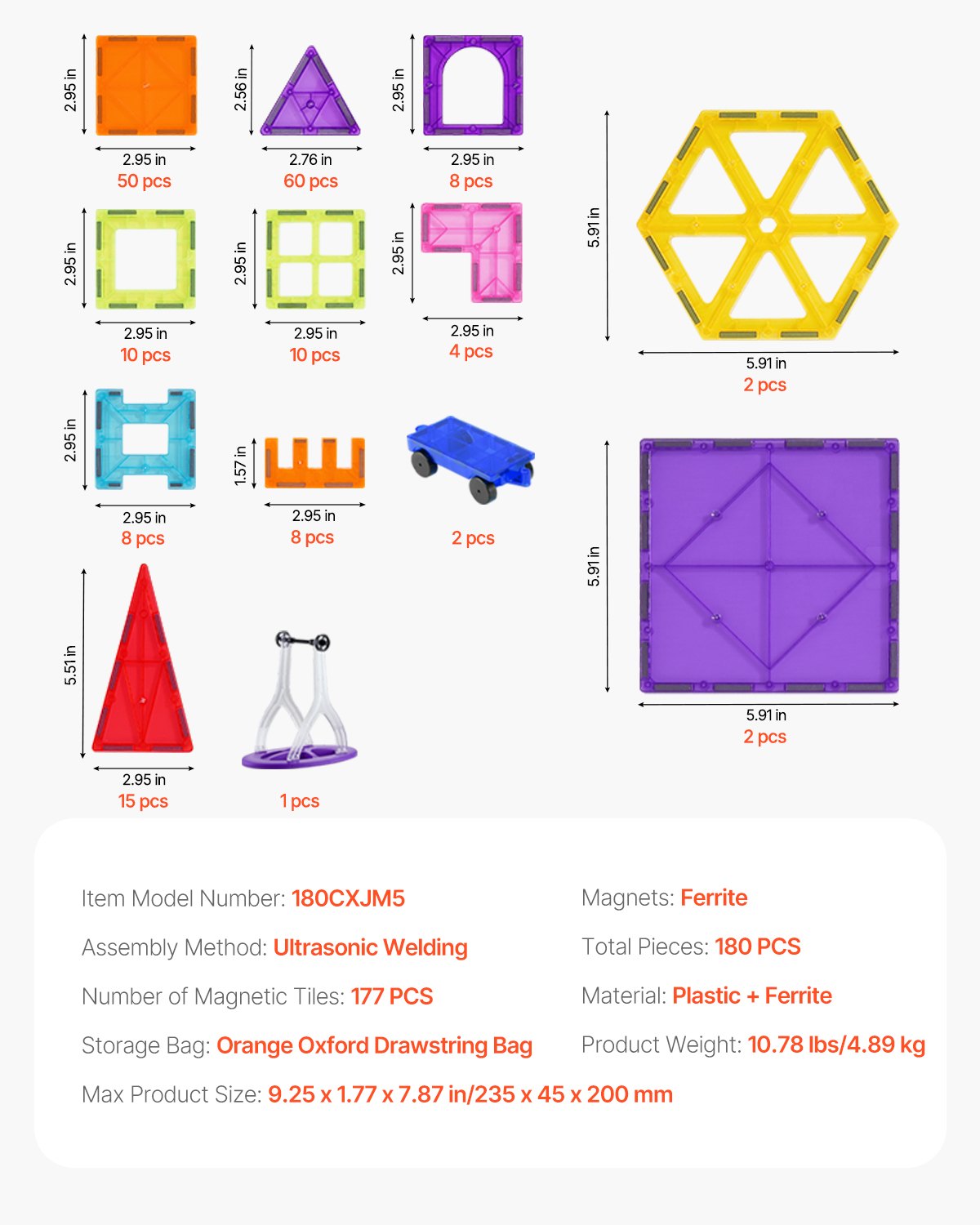 VEVOR Magnetic Tiles, 180 PCS Magnetic Building Blocks for Kids, Magnet Building Set with 2 Car Bases & Ferris Wheel Stand, STEM Educational Construction Stacking Toys for Toddlers Boys Girls Aged 5+